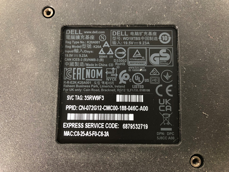 Dell DOCK WD19TBS docking station without power adapter